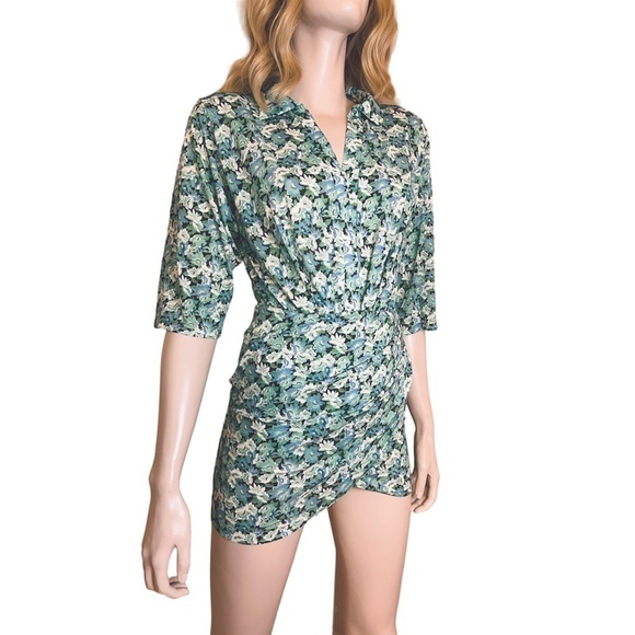 Pull & Bear Mini Dress Floral Faux Wrap front Side Ruching Deep Plunge Neck - Picture 6 of 16